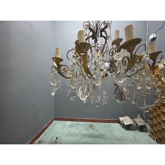 Large Florentine Tole Chandelier with Murano Glass Flowers, Italy, 1950s For Sale - Image 14 of 18