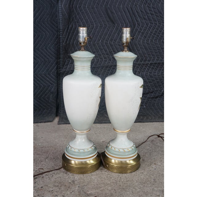 Vintage Mid 20th Century Hand Painted Porcelain Floral Trophy Urn Table Lamps Filigree Brass - Pair For Sale - Image 11 of 17