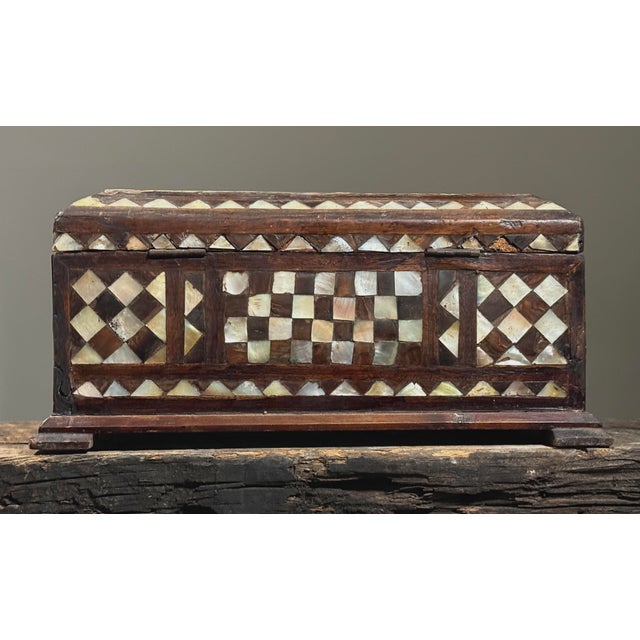 19th Century Antique Folk Art Mother of Pearl Inlaid Hand Carved Footed Table Box For Sale - Image 5 of 12