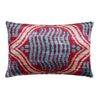 Handmade Red & Turquoise Ikat Velvet Lumbar Pillow 16x24 | Bold Artisan Statement For Sale