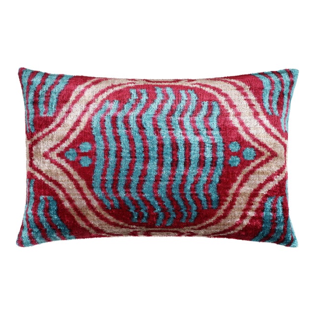 Handmade Red & Turquoise Ikat Velvet Lumbar Pillow 16x24 | Bold Artisan Statement For Sale