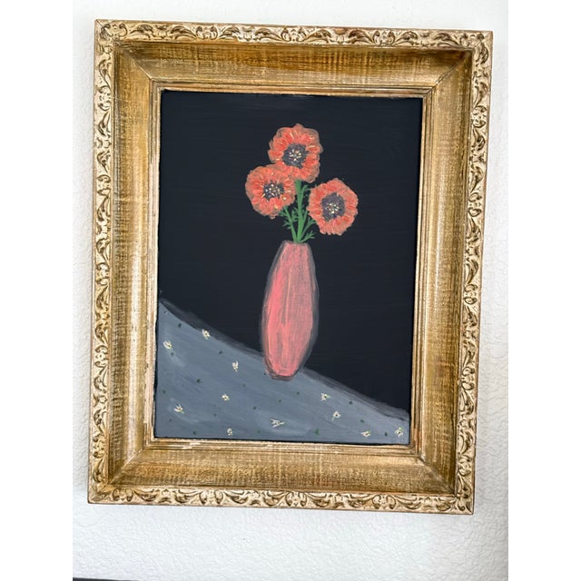 Wood Vintage Framed Original Floral Primitive Painting For Sale - Image 7 of 7