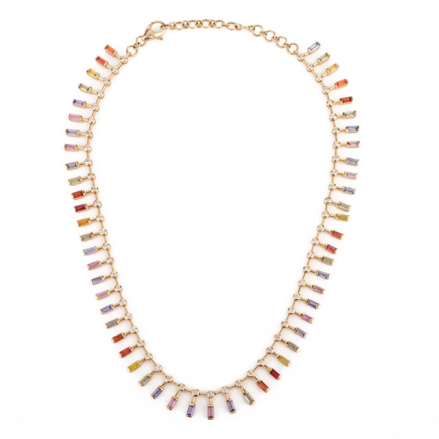 Metal 8.04 CTW Multi Sapphire and Diamond Wedding Necklace in 14k Solid Yellow Gold For Sale - Image 7 of 11