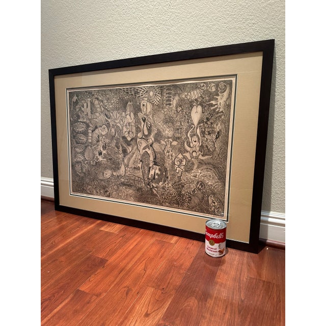 Postmodern Vintage 1959 Large Original Surrealist Abstract Ink on Paper by Florence C Hopkins -Framed For Sale - Image 3 of 10