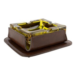 Mid-Century Leather and Crystal Ashtray Catchall Desk Tidy For Sale