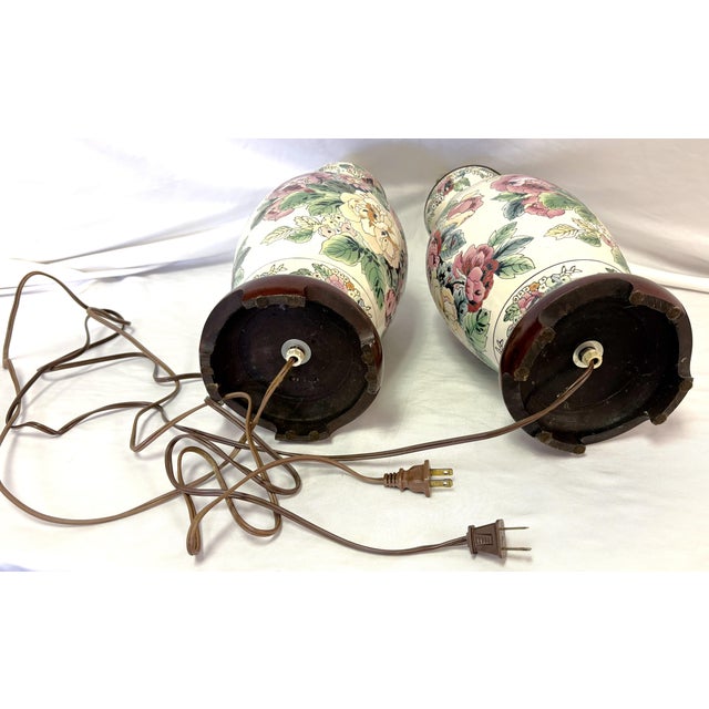 Vintage Ceramic Vase Lamps With Elegant Floral Design on Wood Plinths- A Pair For Sale - Image 13 of 15
