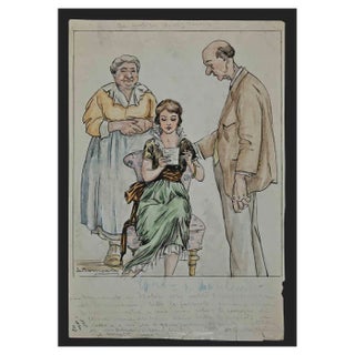 Luigi Bompard, Reading Letter, Watercolor and Ink, 1920s For Sale
