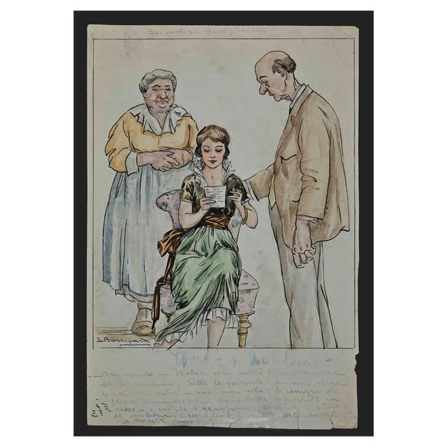 Luigi Bompard, Reading Letter, Watercolor and Ink, 1920s For Sale