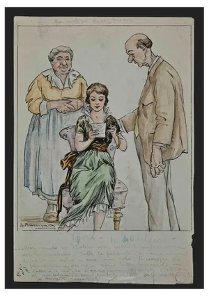 Luigi Bompard, Reading Letter, Watercolor and Ink, 1920s