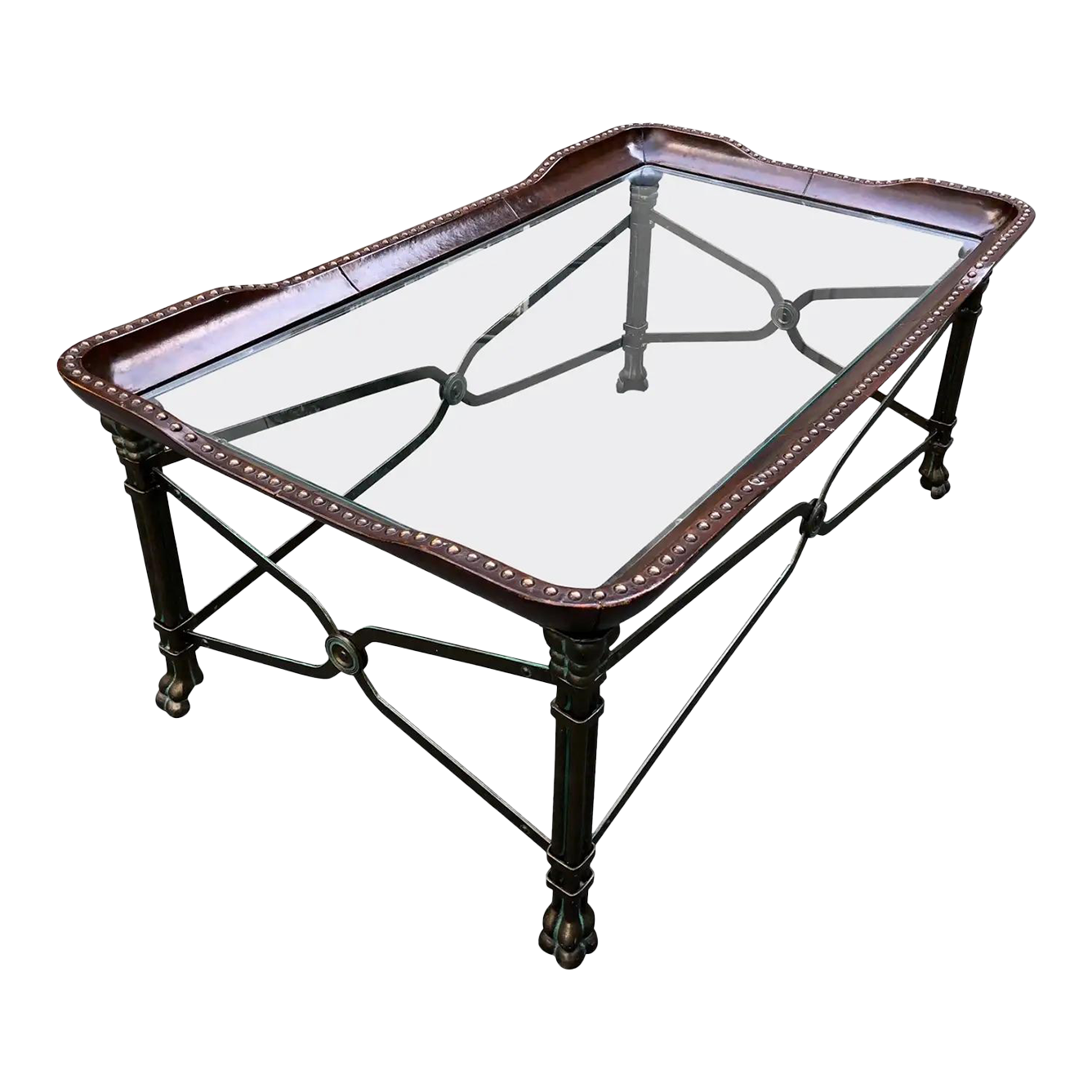 Vintage Maitland Smith Leather, Iron and Glass Top Coffee Table