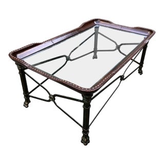 Vintage Maitland Smith Leather, Iron and Glass Top Coffee Table For Sale