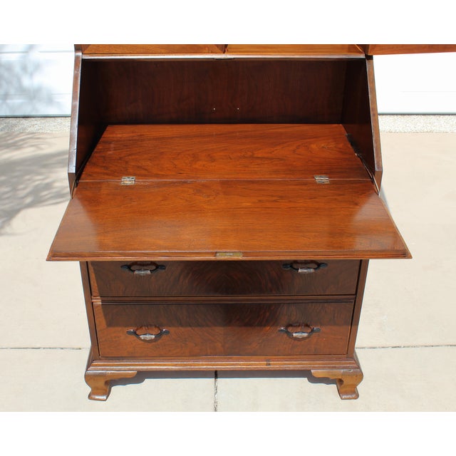 Vintage Georgian Revival Flame Mahogany Secretary Desk Bookcase With Glass Doors, Circa 1940s–1950s For Sale - Image 12 of 18