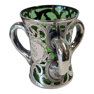 Art Nouveau Loetz Glass Loving Cup (Tyg) With Engraved Silver Overlay