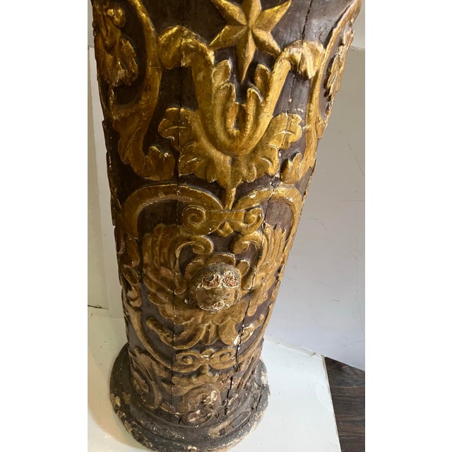 1840 Antique Ornate French Wooden Pedestal Column With Gold Highlights For Sale In Philadelphia - Image 6 of 12