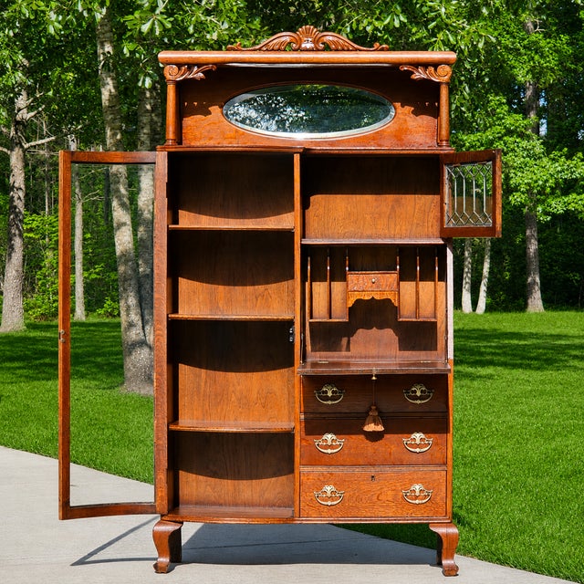 Antique Oak Side-by-Side Secretary Desk | Bookcase | China Cabinet | Larkin-Style For Sale - Image 6 of 15