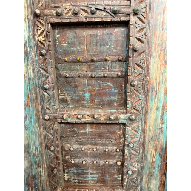 Mid-Century Modern Antique Distressed Blue Haveli Door – Rustic Hand-Carved Farmhouse Barn Door For Sale - Image 3 of 7