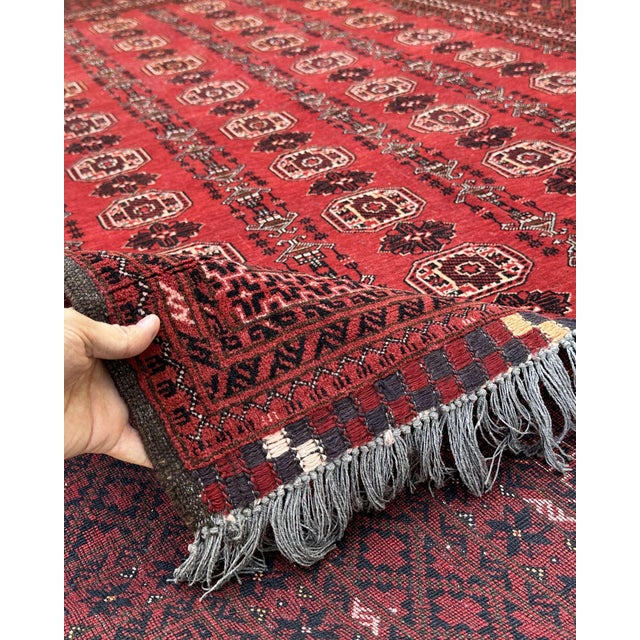 Afghan Turkmen Tekke Bokhara Hand-Knotted Wool Rug, Red Gul, 9'2" X 6'6" For Sale - Image 9 of 13