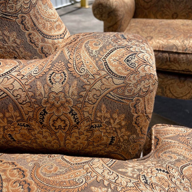 Gold Victorian Style Damask Upholstery Wingback Chairs by Southwood, a Pair For Sale - Image 8 of 17