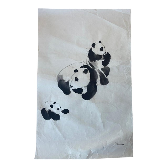 Vintage Chinese Brush Painting of Panda Family by j.p. Gaston - Sumi-E Style Wildlife Ink Art on Rice Paper. For Sale