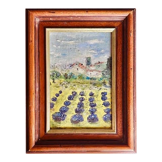 1970s Original French Oil Painting of Lavender Fields in Provence, Framed Impressionist Landscape For Sale