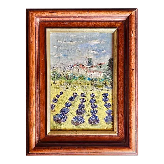 1970s Original French Oil Painting of Lavender Fields in Provence, Framed Impressionist Landscape For Sale