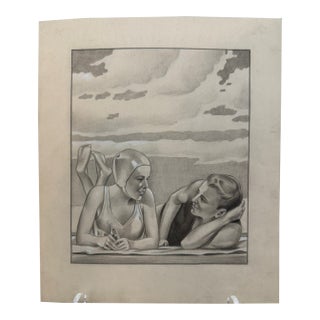 1940s Original t.e. Schrock Signed Graphite Illustration of Two Women at the Beach, 8.5'' X 10''. For Sale