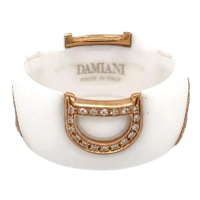 Damiani D Logo Diamond White Ceramic 18k Rose Gold Band Ring, Size 7 For Sale