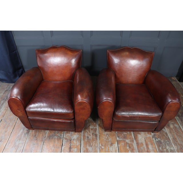 Art Deco French Moustache Back Leather Club Chairs, 1930, Set of 2 For Sale - Image 9 of 18