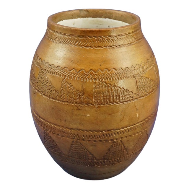 Modern Majolica Ceramic Vase with Engraved Tribal and Geometric Decorations by Ugo Zaccagnini, 1950s For Sale
