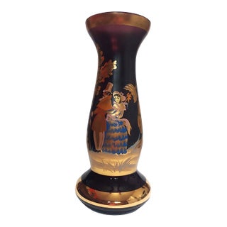 Hand Painted Purple Glass Vase Gilt Gold Regency Style Courting Couple Hearth Mantel Left Facing For Sale