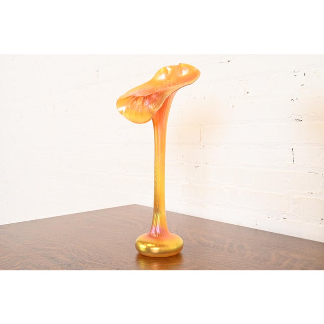 Art Deco Lundberg Studios Jack in the Pulpit Large Flower Form Iridescent Art Glass Vase For Sale - Image 3 of 13
