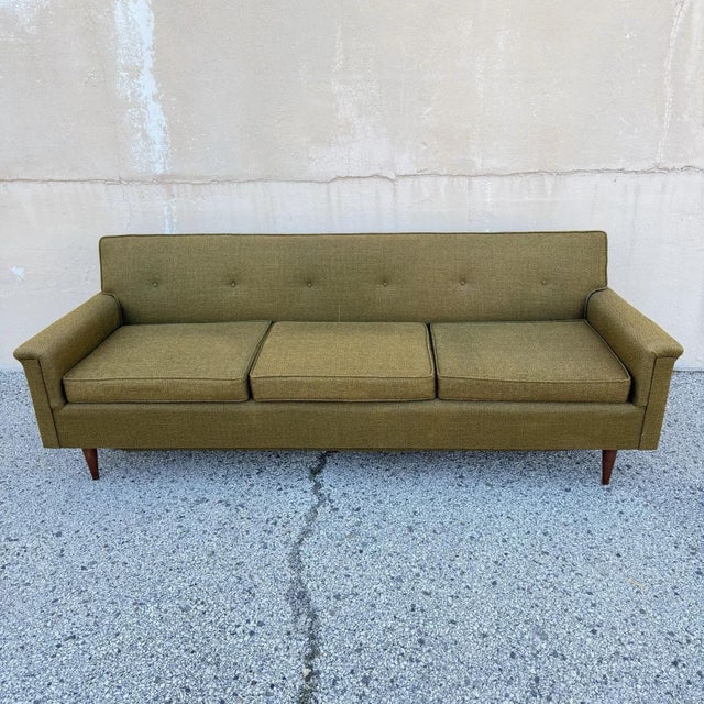 Vintage Mid Century Modern Greenish Brown Tufted 82" Sofa Couch w/ Tapered Walnut Legs. Circa Mid 20th Century....