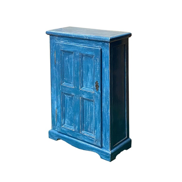 Rustic Distressed Blue Lacquer Slim Narrow Single Door Side Cabinet Chest For Sale - Image 3 of 8