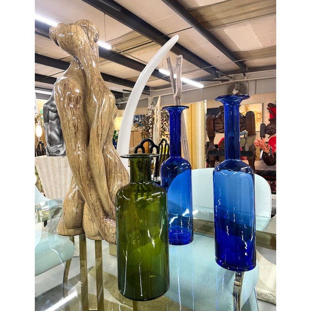 Mid-Century Modern Trio of Otto Brauer for Holmegaard Green and Blue Danish Glass Gulvvases For Sale - Image 3 of 12