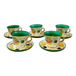 Mid 20th Century Bohemian White Cut to Green Cased Gold Floral Demitasse Cup & Saucer Set of 5 For Sale