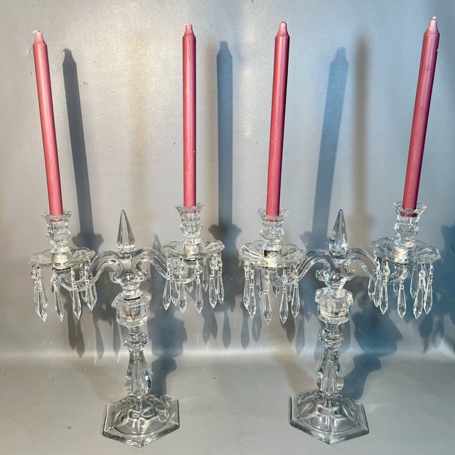 Light up your imagination with this pair of 2 arm Heisey antique crystal candle holder lusters. This is the "Old...