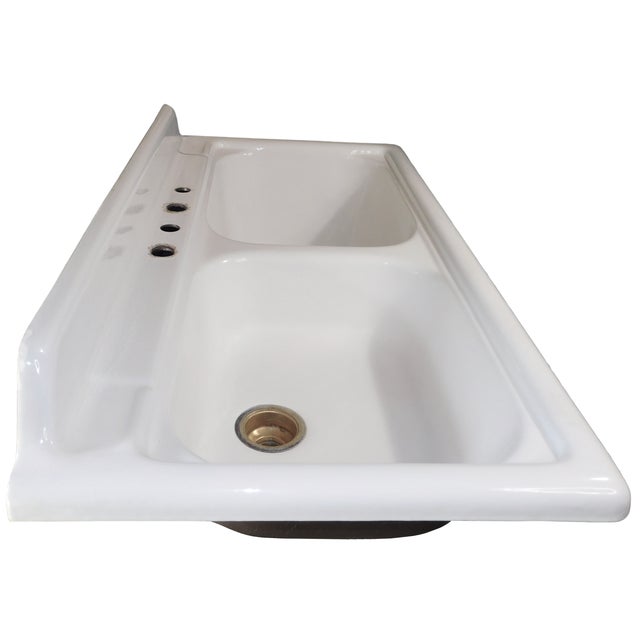 Iconic 1957 Vintage Kohler Sea Cliff 50" Wide Double Basin Porcelain & Cast Iron Kitchen Sink For Sale - Image 16 of 18