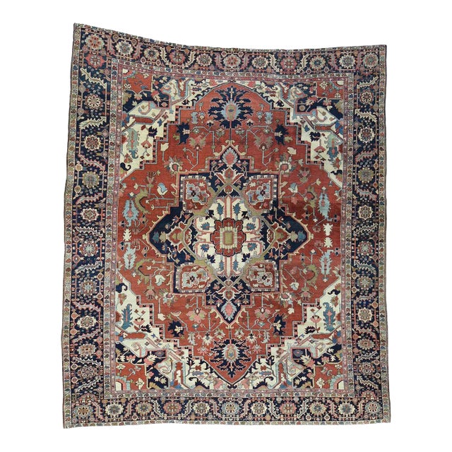 1890s Antique Persian Serapi Rust & Navy Hand Knotted Medallion Rug For Sale