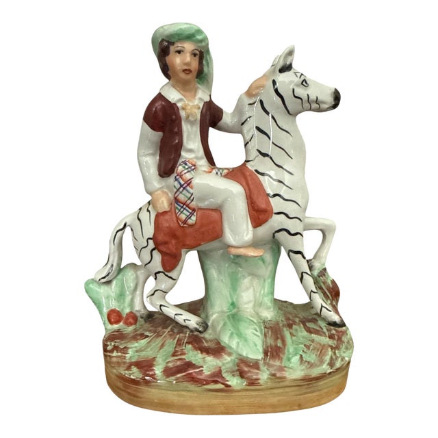 Vintage English Staffordshire Style Equestrian Figure With Zebra-Striped Horse, C. 1920s–40s For Sale