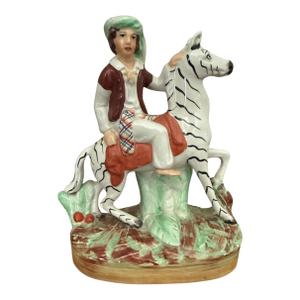 Vintage English Staffordshire Style Equestrian Figure With Zebra-Striped Horse, C. 1920s–40s