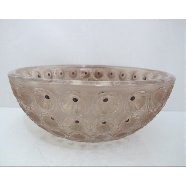 R Lalique France "Nemours" large art glass bowl created in 1929. Heavy clear glass, frosted and polished, with black...