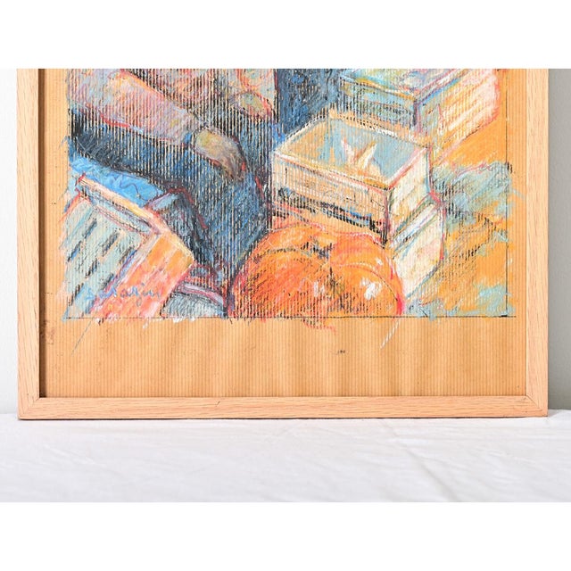 French Vintage Framed Pastel Drawing of a Farmer's Market For Sale - Image 4 of 10