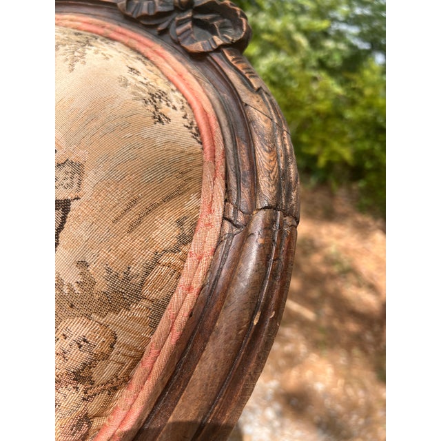 Antique 19th Century French Louis XVI Style Bergere Parlor Chair in Pink Jacquard Fabric and Pictoral Tapestry Backrest For Sale - Image 9 of 9