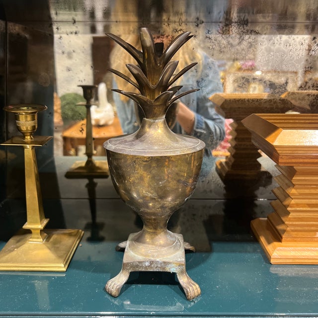 Hollywood Regency Vintage Hollywood Regency Style Solid Brass Pineapple Urn With Paw Feet For Sale - Image 3 of 7