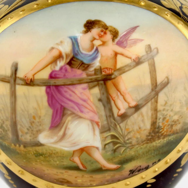 Metal Signed Antique Royal Vienna Style Porcelain Gilt & Hand Painted Cobalt Blue Vase For Sale - Image 7 of 13