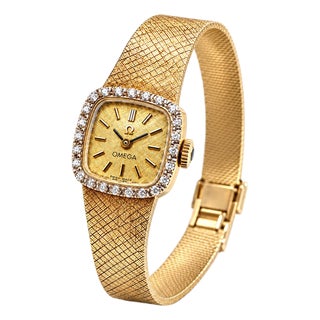 Mid 20th Century Classic Omega 14k Yellow Gold Diamond Halo Ladies Quartz Watch For Sale