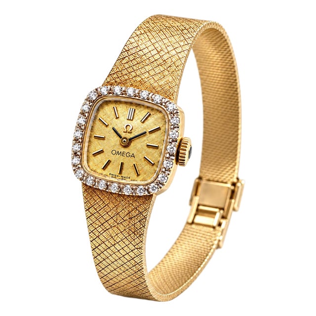 Mid 20th Century Classic Omega 14k Yellow Gold Diamond Halo Ladies Quartz Watch For Sale