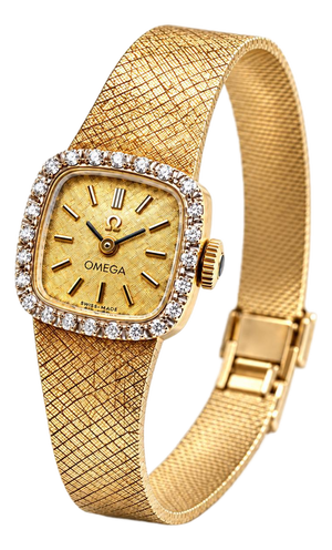 Mid 20th Century Classic Omega 14k Yellow Gold Diamond Halo Ladies Quartz Watch
