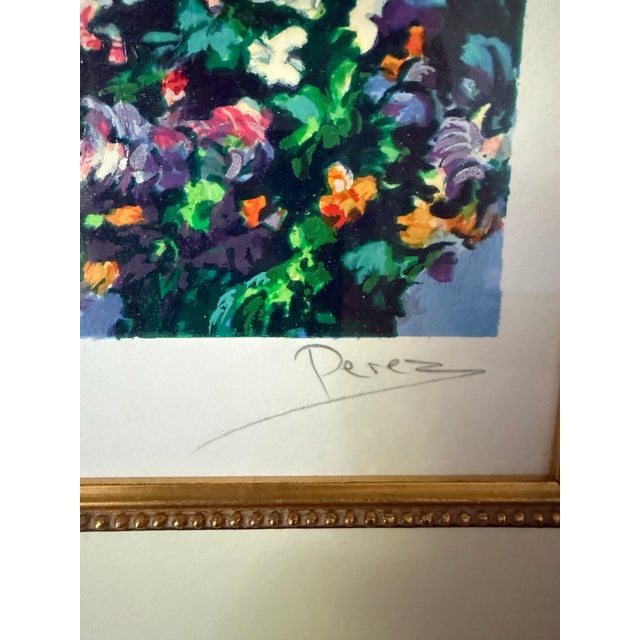 Vintage limited-edition serigraph titled “Montmartre” by artist Alex Perez. This colorful garden scene features lush...