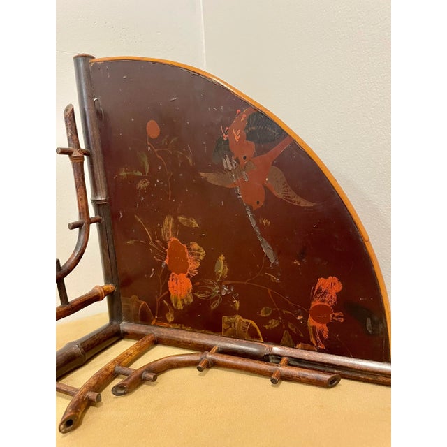 Vintage Asian Chinoiserie Burnt Bamboo Painted Corner Shelf, Burgundy, Rose and Olive Green For Sale - Image 12 of 12